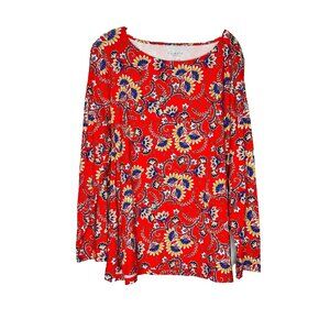 Talbots Woman Plus 3X Red Floral Print Long Sleeve Top Cotton Blend Stretch